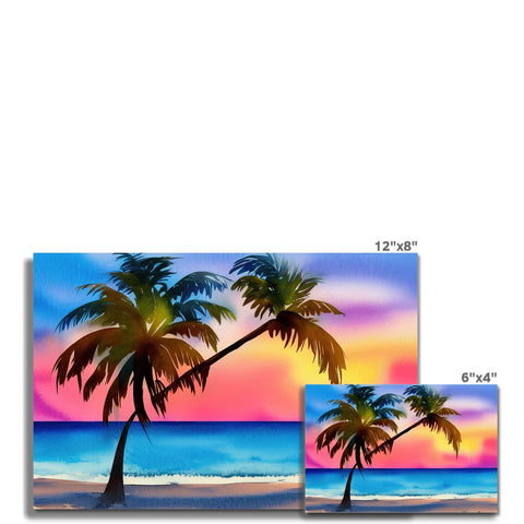 Two place mats  sitting on a beach near palm trees that have flowers and plants.