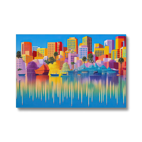 Art print of a city skyline and an ocean with white boats.