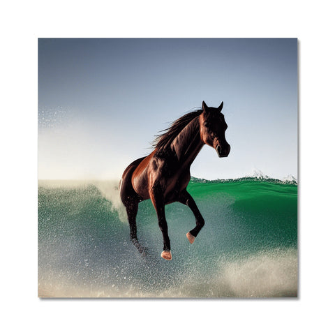 A horse standing on a beach surfing in a field with some wind and some water.
