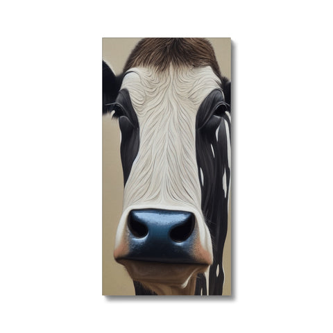 A black cow is looking at the camera next to a cow bell. .