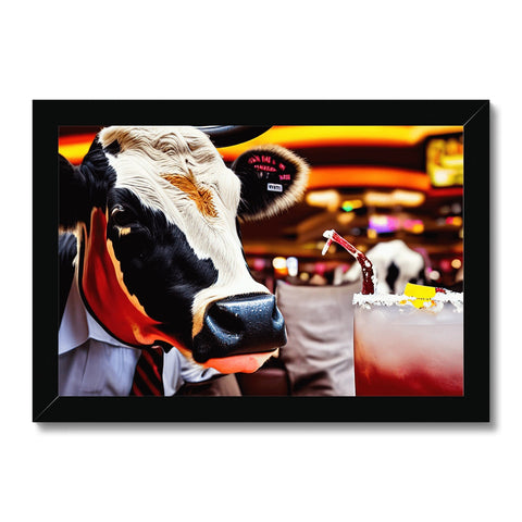 a picture of a large fake cow on a table next to glass