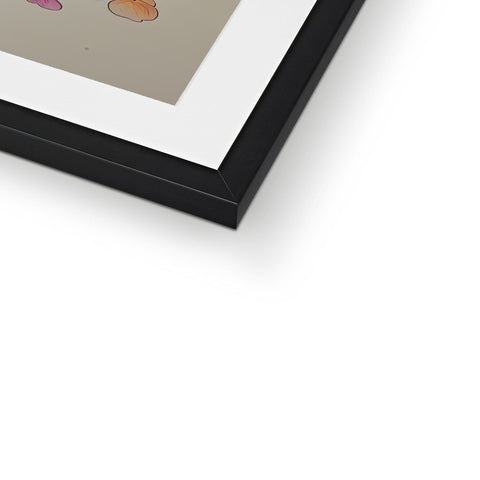 A frame holding several picture frames under a picture picture hanging on it.