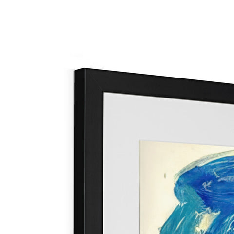 A photo of an abstract art print framed in blue and white art in a frame.