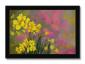 Yellow daffodils on a black and white painting sitting on a brick base
