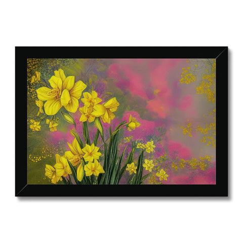 Yellow daffodils on a black and white painting sitting on a brick base