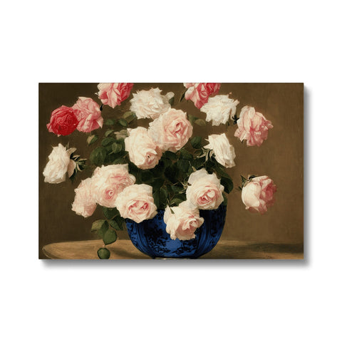 A vase filled with pink roses on a white background.