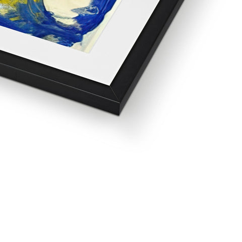 A picture of abstract artwork hanging in a photo frame with a blue background.