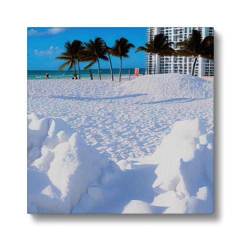 A white, snow covered view of Miami Beach with some snow on the ocean