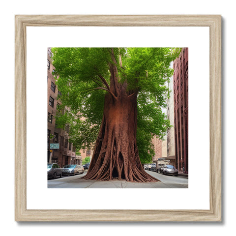 A tree is growing in a man made wooden frame shaped shape with a tree trunk.