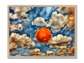 A white background with a large sky that has orange clouds surrounding it.