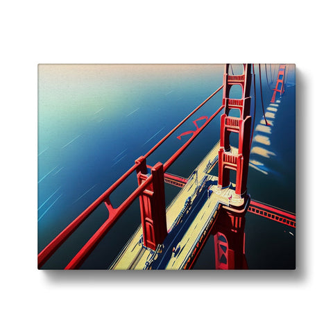 an art print of a bridge over a cityscape and a city street.