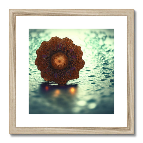 A gold framed picture of a corail on another wooden table, with several little things