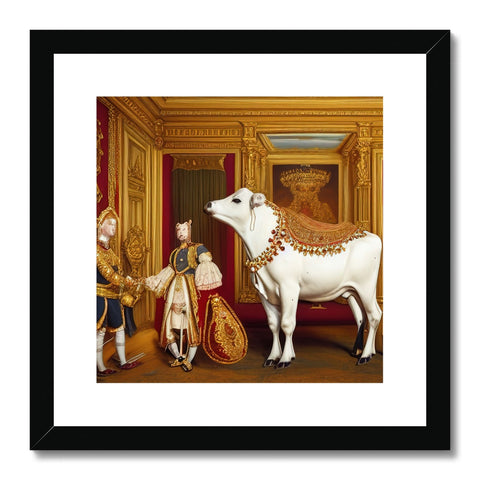 A cow that is posed in a painting of an art print.