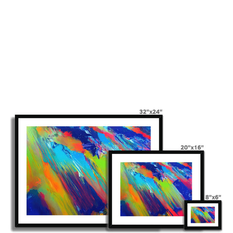 A picture frame containing an abstract painting surrounded by some frames.