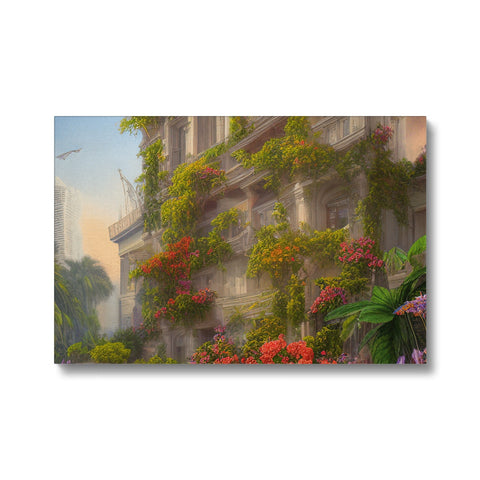A picture of a city with tropical plants in a cityscape.