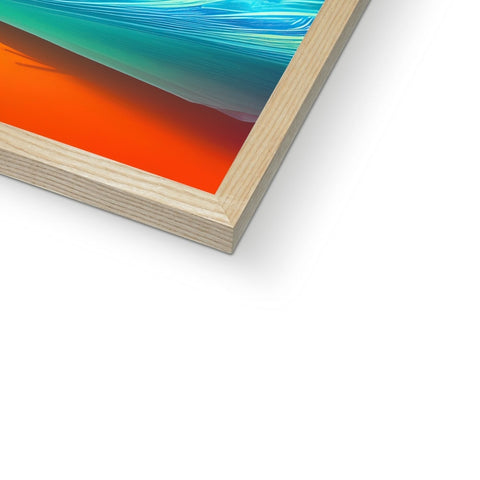 a colorful art print is displayed on a wooden frame outside on a white wall