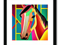 An art print painting of a horse on a wooden horse holding a mote.