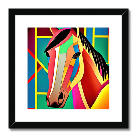 An art print painting of a horse on a wooden horse holding a mote.