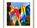 A colorful tapestry that is framed near a colorful mountain mountain with a wave pool