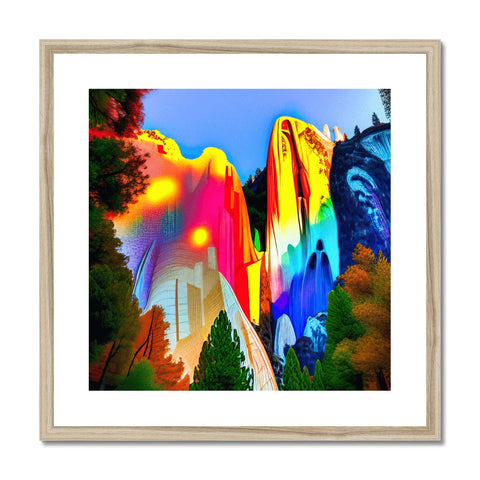 A colorful tapestry that is framed near a colorful mountain mountain with a wave pool