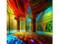 A room with colorful walls of glass and a wall that depicts an art print on a