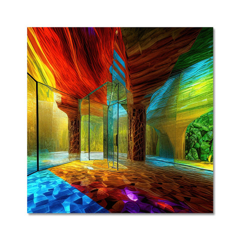 A room with colorful walls of glass and a wall that depicts an art print on a