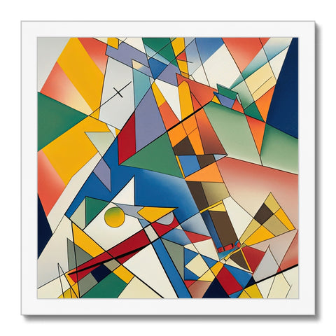 An abstract art print painting with many geometric shapes on the walls in space.