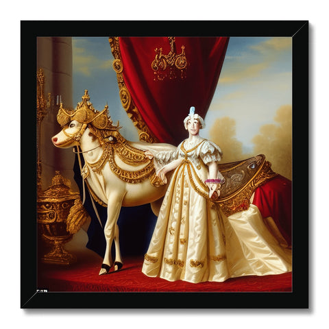 A princess riding on a white equatorial animal under a painting of a castle background.