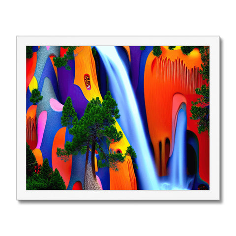 An art print with a few different colors and large waterfalls floating in the background...