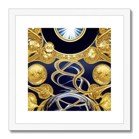 An art print with a square print on it that is surrounded by gold.