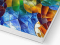 A mosaic tile that is surrounded by colorful glass.
