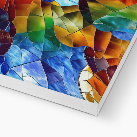 A mosaic tile that is surrounded by colorful glass.