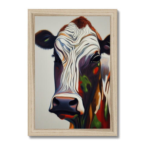 A cow has its head sticking out of an image of a wooden frame.