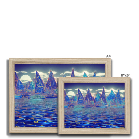 A large picture frame frames with three wooden sailing boats floating on ocean waves.