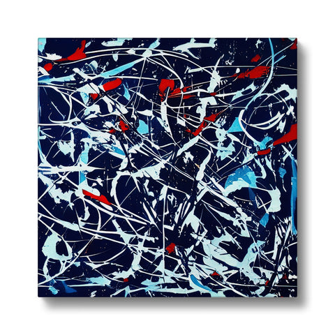 An abstract blue art print on a canvas that is attached to a wall.