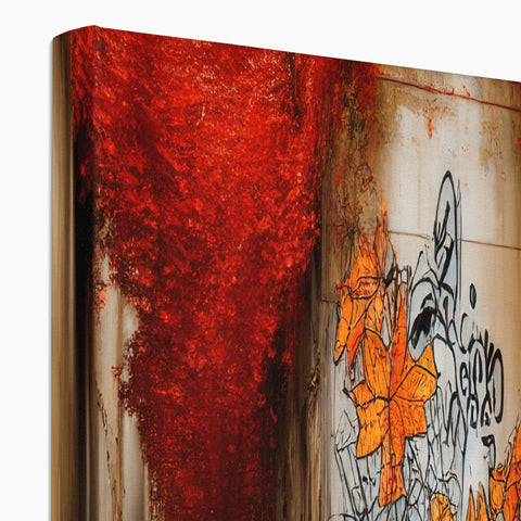 A rust colored kitchen table with the wood in a fireplace with a picture of graffiti spray