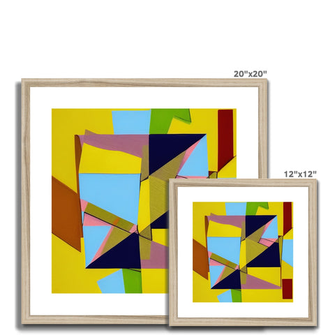 A collection of art frames framed on a wall, several different shapes and sizes and colors