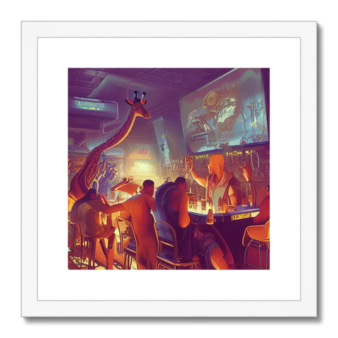 A group of people sitting in a dark bar with a picture of an art print on