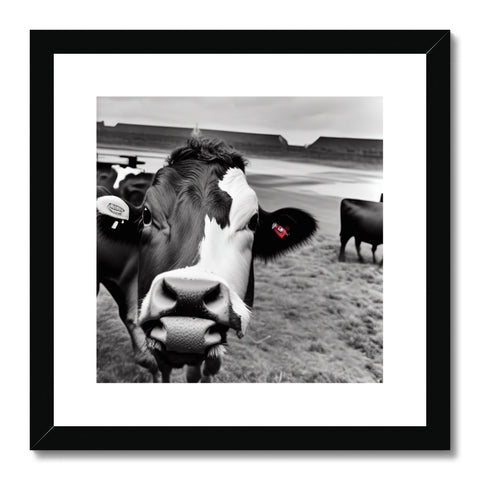 A black and white art print of a cow in a pasture.