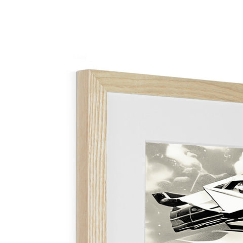 Wood framed artwork on black and white photo of a fighter jet plane.