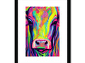 Art print is a scene a cow standing in front of a house with a cow on
