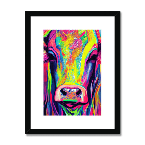Art print is a scene a cow standing in front of a house with a cow on