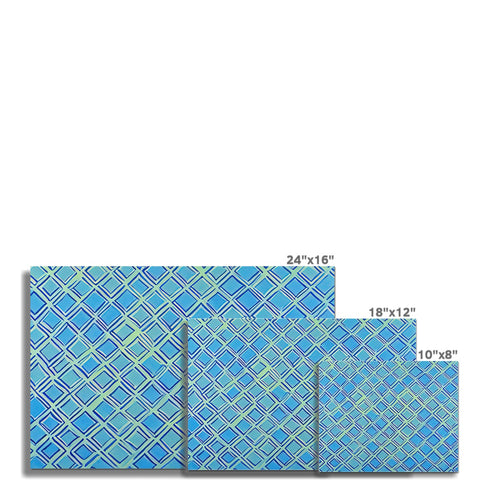 Tile on a wall with a blue, square cut in blue design.
