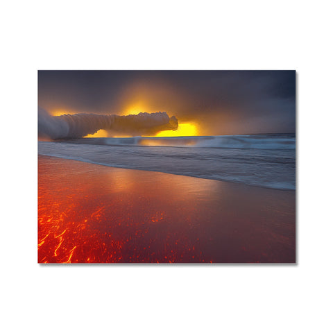 Art print of a fire surrounded by fire sitting on a rock.