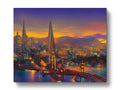 A painting of a city at night looking up at a golden gate and city skyline.