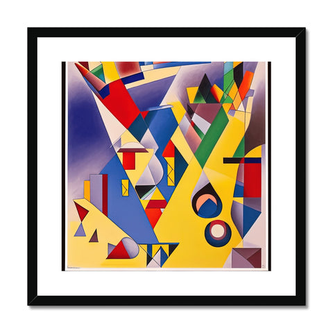 A geometric art print is framed next to several colorful shapes.
