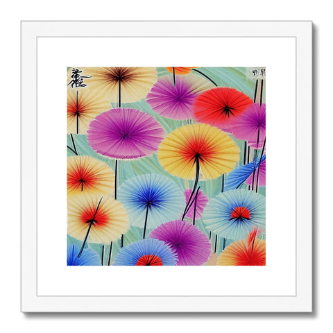 Art art printed with colorful flower patterns and a rainbow top umbrella.