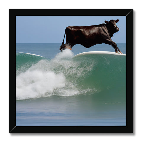 a bull going on a surfboard in the ocean on a white background