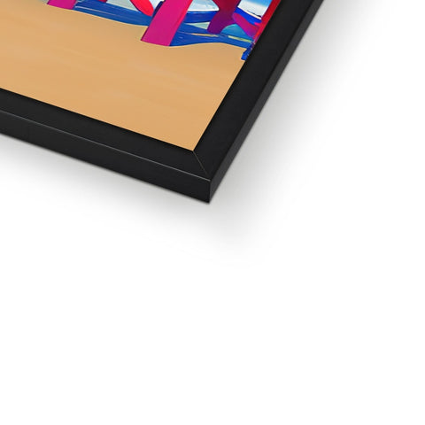 A picture frame with an abstract image of a smiling woman and a blue sky.
