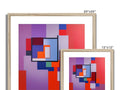 Three pictures that are framed in a wall of colorful art prints.